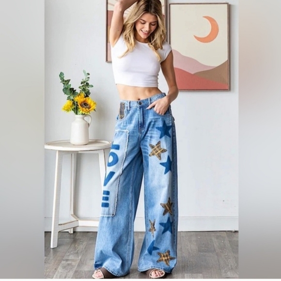 Oli &Hali Love + Stars Patchwork Baggy Wide-Leg Jeans 💙 - Picture 3 of 7